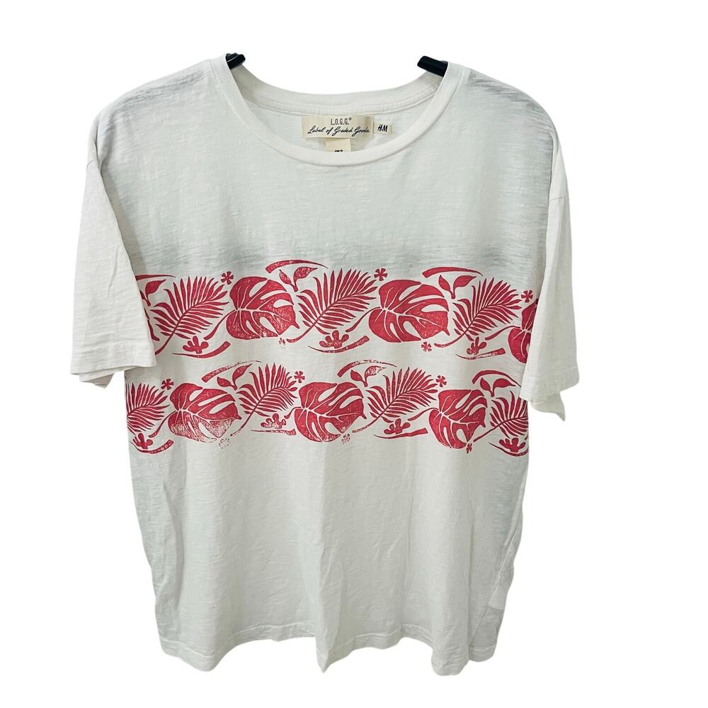 H&M LOGG Men's XL Tropical Red Botanical Chest Band Slub Cotton Graphic Shirt